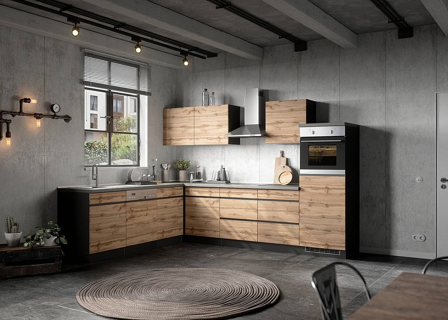 home24 Oven-inbouwkast Turin combi in bruin/grijs met Wotan eikenhouten look en grafiet, B: 60 cm, D: 60 cm, H: 166 cm