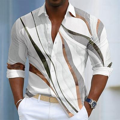 Herren Geometrisch Linien / Wellen Abstrakte Kunst Hemd Knopfhemd Langarm Modisch lässig Täglich Outdoor Streetwear Frühling Herbst Umlegekragen 3D-Druck Leinenähnliches Hemd Weiß