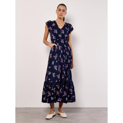 Maxikleid APRICOT "Maxi-Sommerkleid", Damen, Gr. L (40), N-Gr, blau (navy), gewebt, Obermaterial: 100% Viskose CV., geblümt, normal, V-Ausschnitt, Kleider Maxikleid, mit bestickter Bordüre