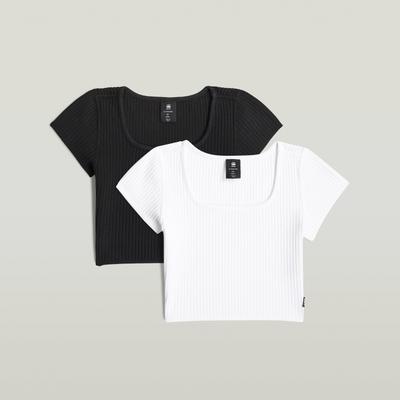 T-Shirt G-STAR "KIDS, SOUTH TEE SS 2-PACK G", Mädchen, Gr. 14 (158), schwarz-weiß (weiß, dk schwarz), Rippstrick, Obermaterial: 100% Baumwolle, unifarben, slim fit bauchfrei, eckiger Ausschnitt, Shirts T-Shirt, in gerippter Struktur, bauchfrei