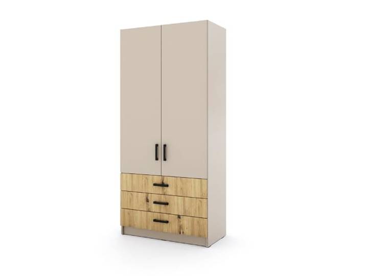 Marlux-Meble Kleiderschrank Sigma 90 cm breit mit 2 Drehtüren und 3 Schubladen Korpus in Kaschmir Schlafzimmerschrank Kinderzimmerschrank Systemschrank (Türen-Kaschmir, Schubladen-Artisan-Eiche)