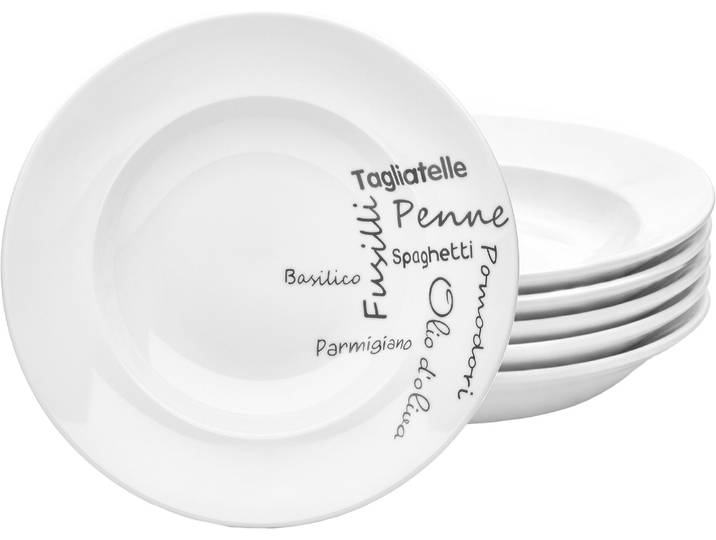 Pastateller VAN WELL Teller Set, Italia, Teller 27 cm, 6 Stück , weiß, grau, H:5,2cm Ø:27cm, Porzellan, Speiseteller, Pastateller, Porzellan, Typografie-Design, spülmaschinen-/mikrowellengeeignet