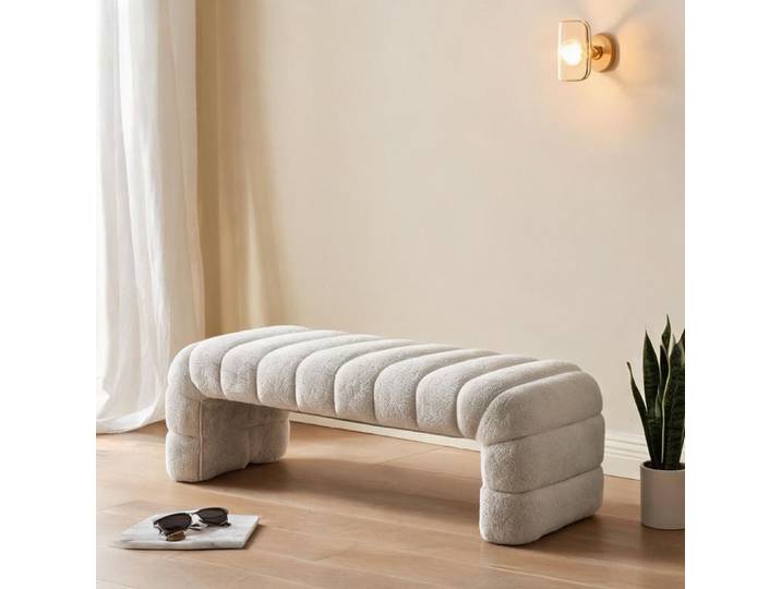 Banquette capitonnée en chenille beige ligne épurée 160 cm salon ou entrée