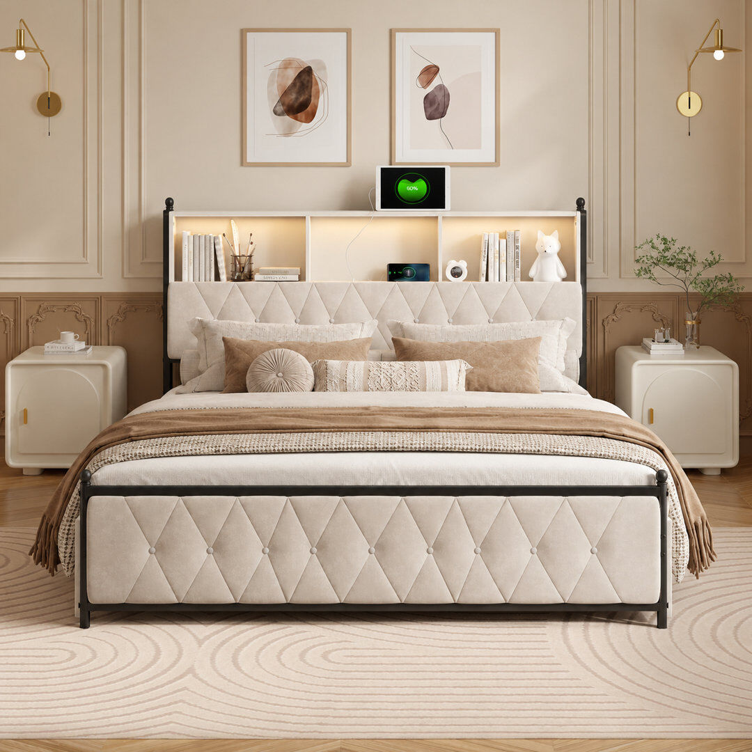17 Stories Upholstered Velvet Drawers Bed Beige Double (4'6)