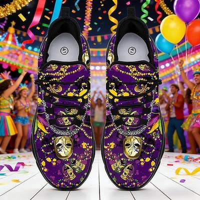 Herren Mardi Gras-inspirierte Sneakers mit buntem Masken- und Federdesign – Lustige auffällige Schuhe für Karneval Feiern und Festivals