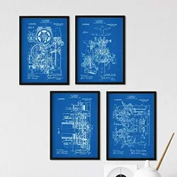 POSTER Set mit 4 Blau Druckerei Patent A4 Rahmenlos