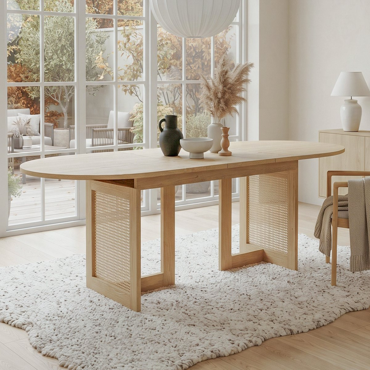Zubaliya Uitklapbare Eettafel met Afgeronde Hoeken en Rotan Poten in Eiken, Breedte: 120 cm tot 160 cm