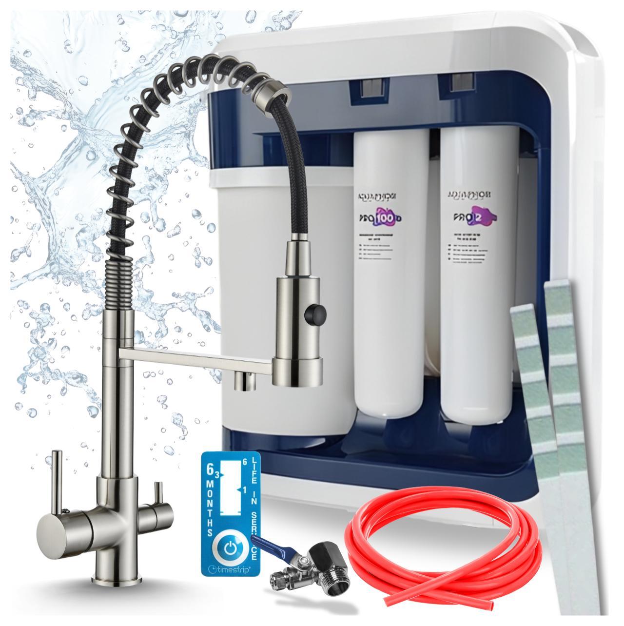 Ari 3-Wege-Küchenarmatur Solid Spring, Edelstahl, Ausziehbare Spültischarmatur Im Set Mit Aquaphor Ro-202S Pro Wasserfiltersystem