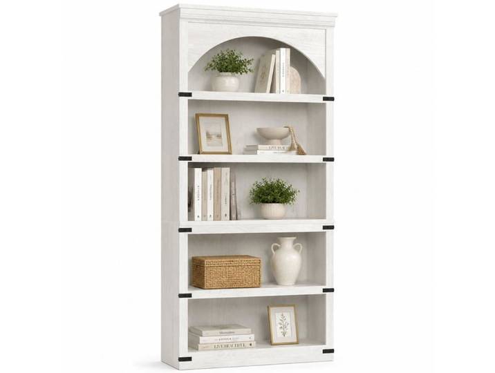 JoyGarden Bibliothèque autoportante style farmhouse arche 175 cm - 5 niveaux ouverts en bois - Blanc antique