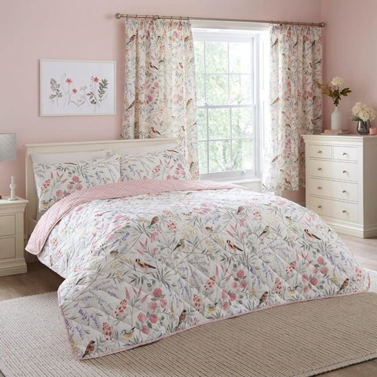 Reversibele Fleurs et Oiseaux bedsprei met bloemen- en vogelontwerp - 100% katoen - 230 x 200 cm
