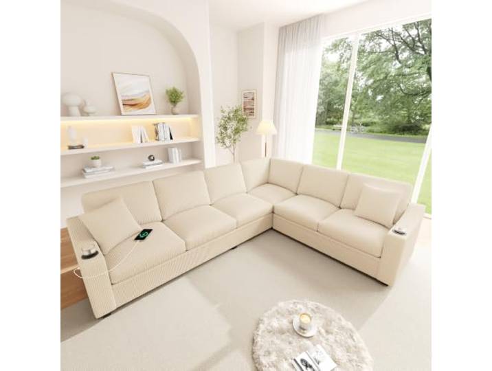 Merax L-förmiges Ecksofa, 6-Sitzer Modulsofa Wohnlandschaft, Cord Couch mit 18W USB/Typ-C-Schnellladeanschluss, 2 Getränkehalter & 2 Kissen, für Wohnzimmer, Beige