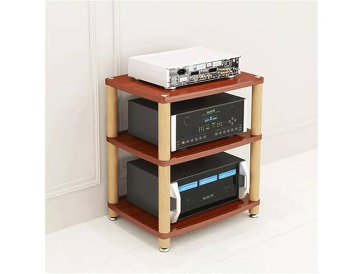 DUddTTW Audio-Rack, 2/3/4-stufiges Stereo-Rack, Audio-Geräte-Rack, Holz-Audio-Rack-Schrank, AV-Schrank, langlebige Edelstahlfüße, HiFi-Rack(Bruin,3 Tier)