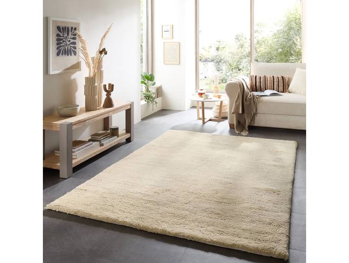 Wollteppich THEKO Hadj Uni, handgeknüpft , beige, B:70cm H:25mm L:140cm, Wolle, Teppiche, Wollteppich, echter Berber Teppich, reine Wolle, meliert, auch in rund, Wohnzimmer