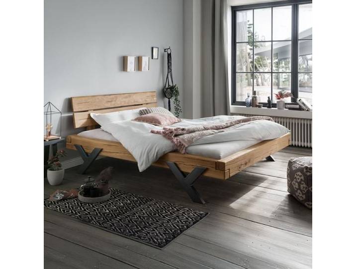 HOMELIV. Balkenbett Lizzano Komfort Wildeiche Massivholz