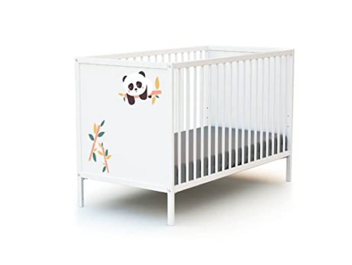 WEBABY - Babybett holz 60x120 Panda Weiß ALBA 124 x 64,5 x 82 cm Holzbett 100% massive Buche Verstellbarer Lattenrost in 3 Höhen