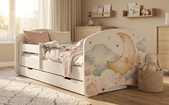 Kinderbett 144x82 cm Weiß | Motiv Bär & Hase mit Regenbogen | Komplett-Set inkl. Matratze & Schublade (Nr 458)
