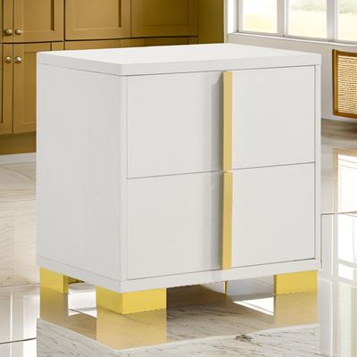 Benjara Dex 22 Inch Nightstand, 2 Drawers with Long Vertical Gold Handles, White