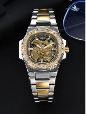 Youfap Market Automatic Man Watch, Luxury Stainless Steel Mechanical Skeleton Waterproof Diamond Watch gold Black