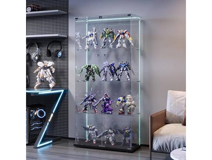 FEEOHOME Glasvitrine stehend, großer Vitrine Glas, Transparent Vitrine mit 4 Schichten mit 2 Tür, Vitrinenschrank für Wohnzimmer, Schlafzimmer, 78.5x35x163 cm, schwarz