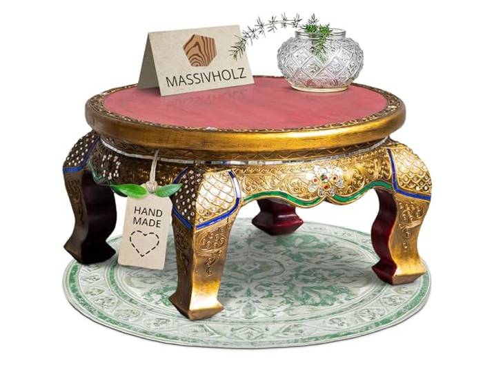 livasia Runder Opiumtisch aus Massivholz – Ø50cm, 26cm hoch – Handgeschnitzter Beistelltisch Holz aus Thailand, Nachhaltig, mit kunstvollen Glasmosaik Steinchen (50 cm)