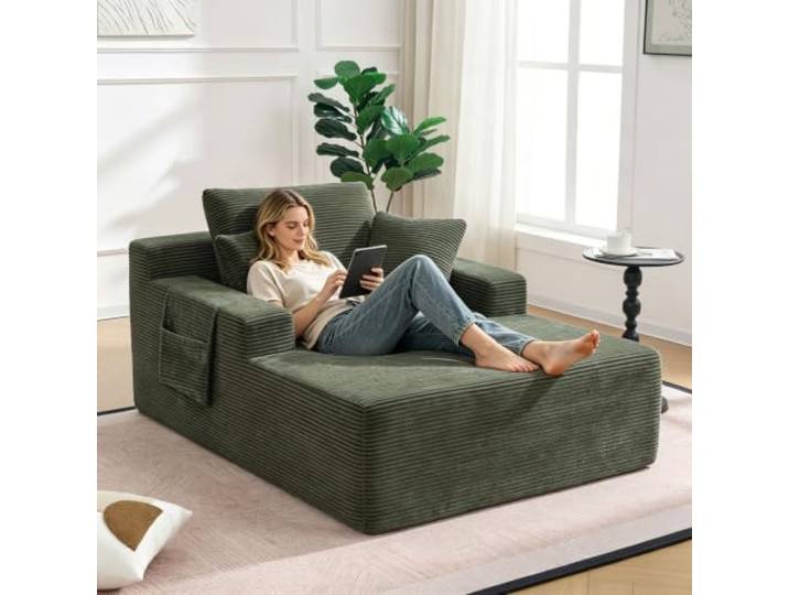 Fiednoy Cloud Sofa mit Schlaffunktion mit Seitentaschen，150x110x710cm Cord Bodensofa, Chaiselongue, 3 Kissen, weicher Cordbezug, Wohnzimmer Sofa, Lounge Sofa, keine Montage