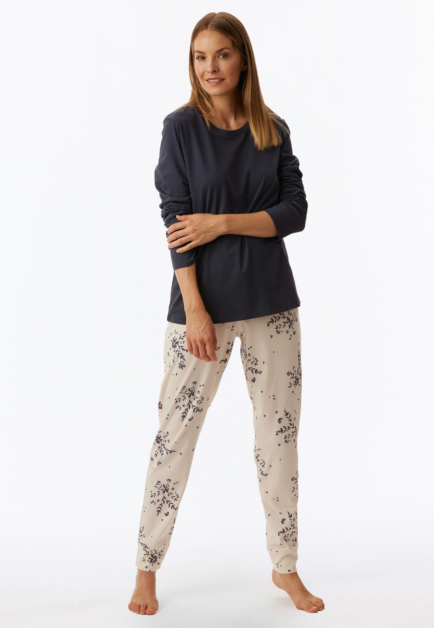 Pyjama UNCOVER BY SCHIESSER "UNCOVER Nightwear", Damen, Gr. 48, beige (808, blau), Obermaterial: 100% Baumwolle, Homewear-Sets Pyjama 808, blau 48
