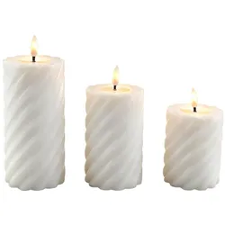 Relaxdays LED Kerzen, 3er Set, 3 Größen, flackernde Flamme, Echtwachs, gedrehtes Design, flammenlose Stumpenkerzen, weiß