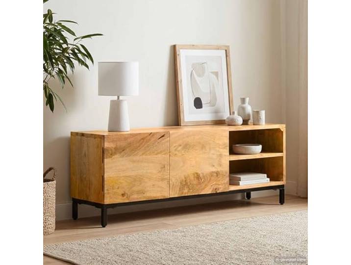 LPERTGFHU Massivholz Mango Anrichte, Sideboard mit 2 Türen & 1 Aus massivem Mangoholz, Modernes Vierkant-Design, Für das Wohnzimmer