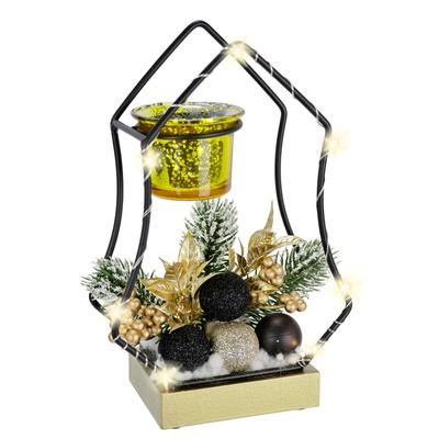Teelichthalter I.GE.A. "LED-Kerzenhalter", gold, B:14cm H:21cm, Metall, Kerzenhalter, Teelichthalter, mit Glaseinsatz Tannenzweigen Beeren Weihnachtsdeko Kerzenständer