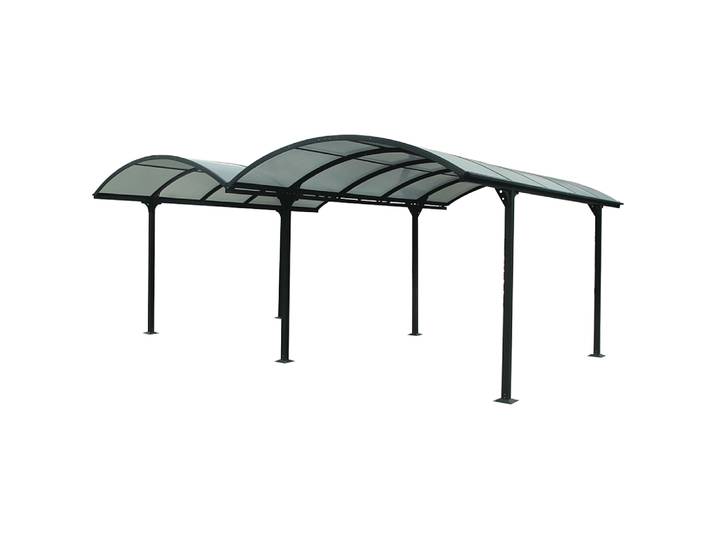 Double Carport ALUMINIUM toit 1/2 rond coloris gris anthracite / surface extérieure : 28,62 m2 / toit réalisé avec plaques en POLYCARBONATE ANTI-UV 6