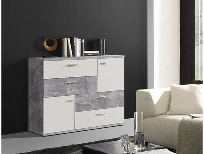 Commode 4 tiroirs 2 portes Skive Blanc/béton - Basika