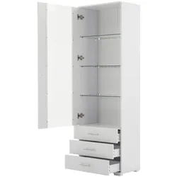 Weiße Hochglanzvitrine mit LED-Beleuchtung und 3 Schubladen 60x35x180 cm modernes Design für Wohnzimmer und Büro