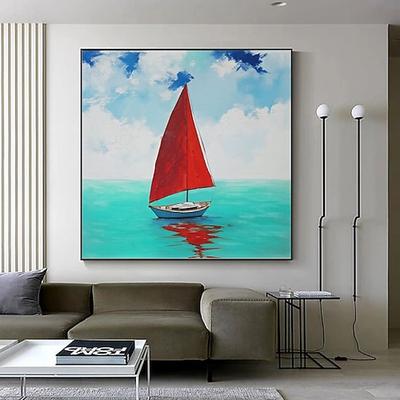 Ölgemälde, handgemalt, rotes Segelboot, Seestück, Kunstwerk für Freunde, männliches Ölgemälde, Seestück, impressionistisches Boot, Miniatur, Originalkunstwerk, Spiegelung