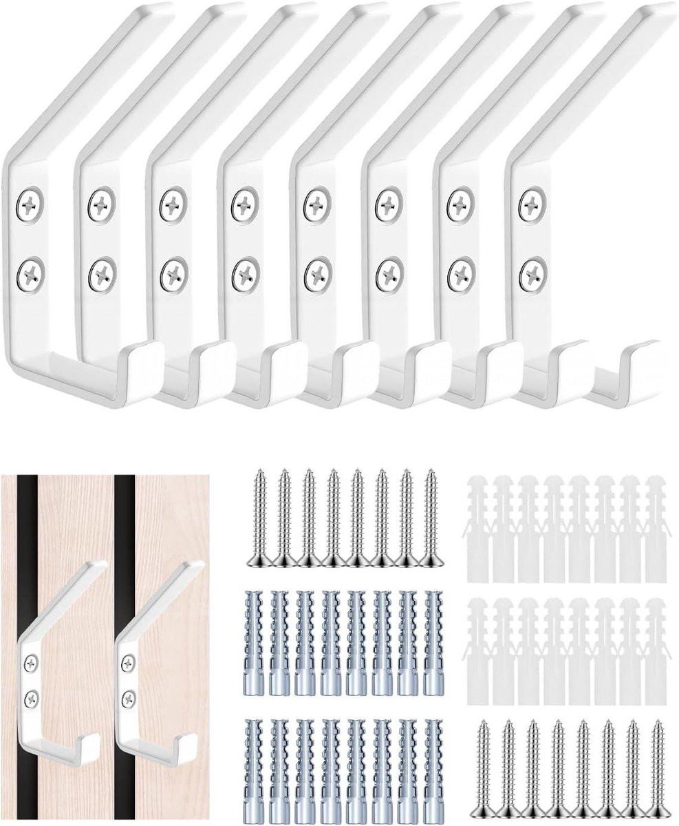 Set van 8 witte dubbele kledinghaken van corrosiebestendig aluminium voor de garderobe