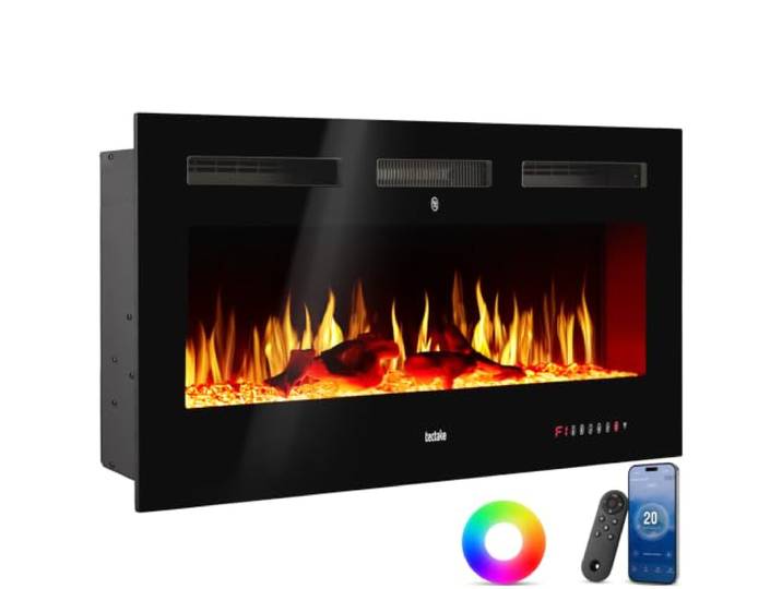tectake® Elektrokamin Wand, elektrischer Kamin, 2 Heizstufen 900W/1800W, 3D Flammeneffekt, viele Farbeinstellungen, Kamin elektrisch mit Fernbedienung, App Steuerung, Thermostat - 127 x 12 x 43 cm
