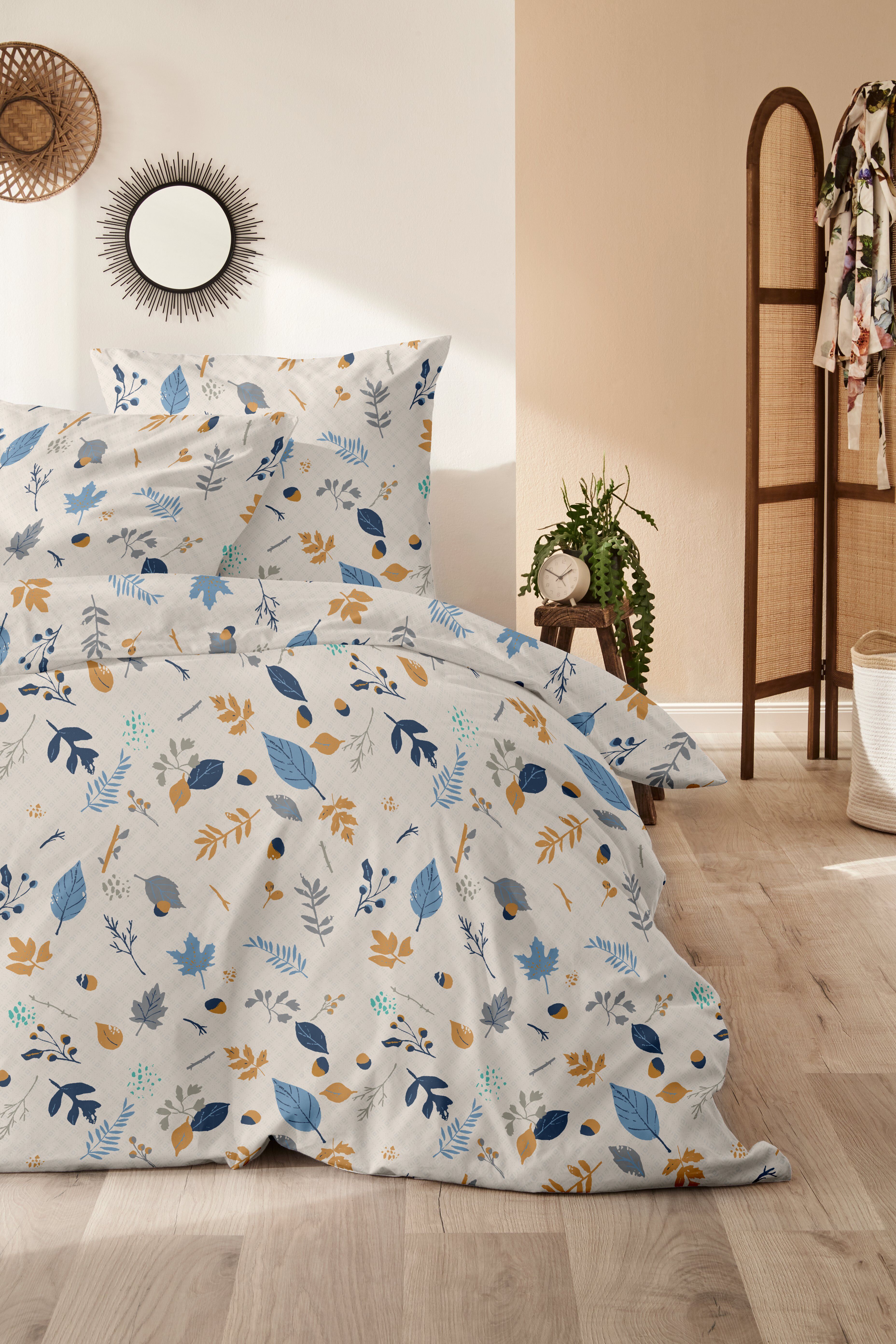 Bettwäsche PRIMERA "Biber-Bettwäsche Branches", braun blau, B/L: 155cm x 220cm, 1 Stk., 1 Stk., Biber, B/L: 80cm x 80cm, 2 Stk., Biber, Obermaterial: 100% Baumwolle, Bettwäsche, Bettwäsche, mit floralen Motiven braun blau B/L: 155cm x 220cm, 1 Stk., 1 Stk