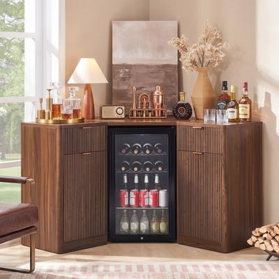 GREATPLANINC L-Shaped Corner Bar Cabinet with Mini Fridge Space