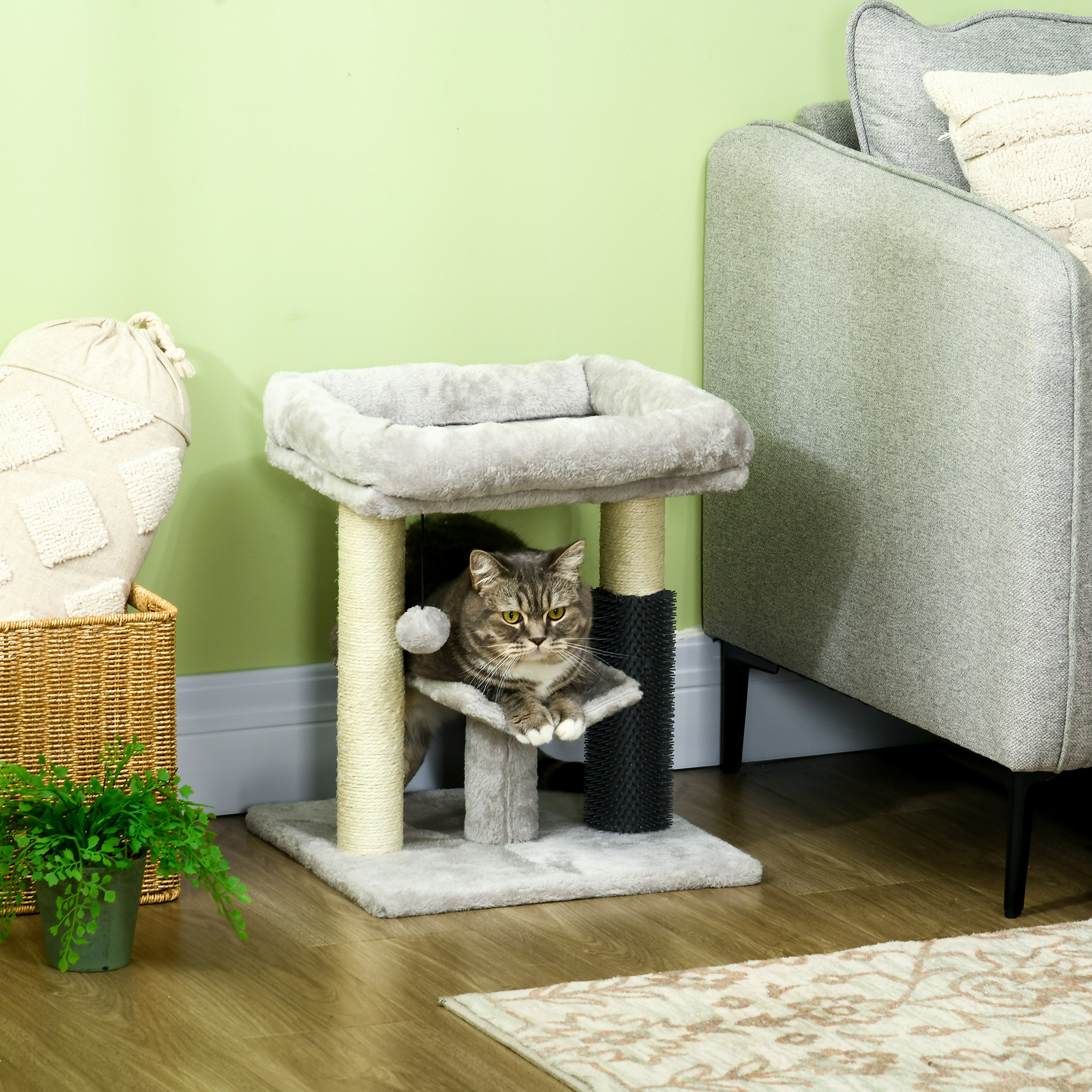 Pawhut Albero Tiragraffi con Lettino, Piattaforma, Spazzola e Palo in Sisal, 40x40x48 cm, Grigio   Aosom Italy