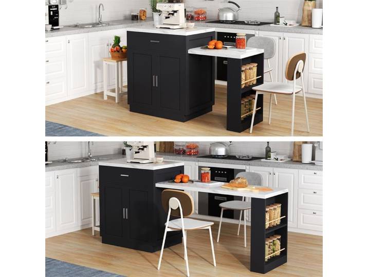 Ilot Central Cuisine avec Table Extensible pour 4-6 Personnes Meuble Cuisine avec Plan de Travail Rangement et Prise Blanc +