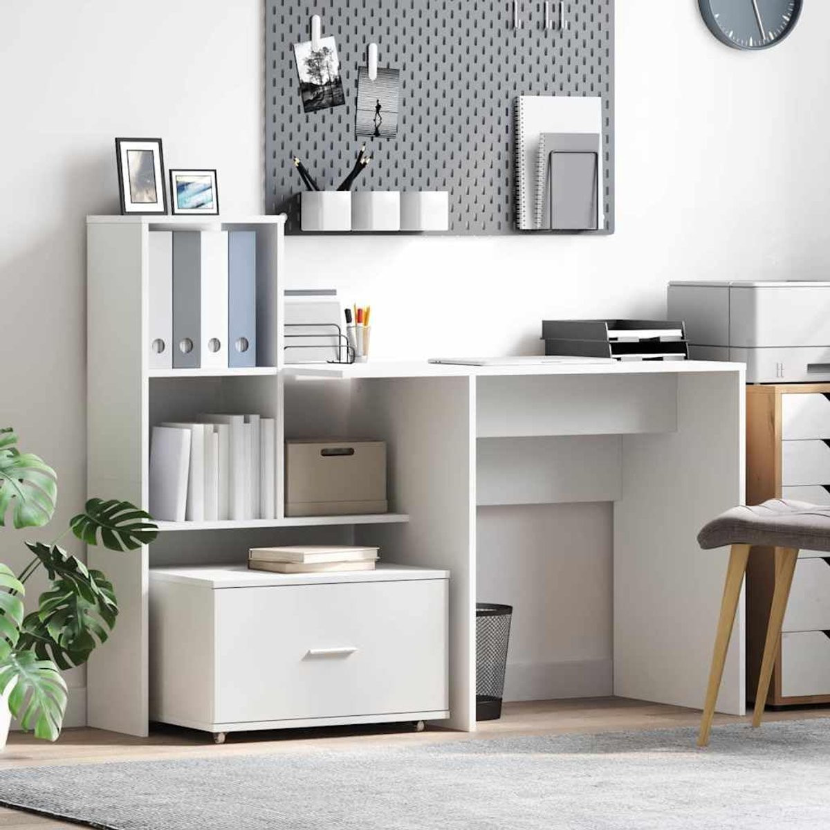 Wit bureau met plank en geïntegreerde boekenkast, Breedte: 131.5 cm