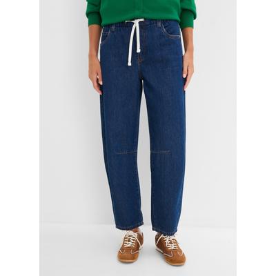 Loose-fit-Jeans BONPRIX, Damen, Gr. 42, N-Gr, tiefblau denim ungewaschen, cognacgold (länge: regulär), Obermaterial: 100% Baumwolle, loose fit, Jeans, Barrel-Jeans, mit Mid Waist-Bund, in Cropped-Länge, aus Baumwolle