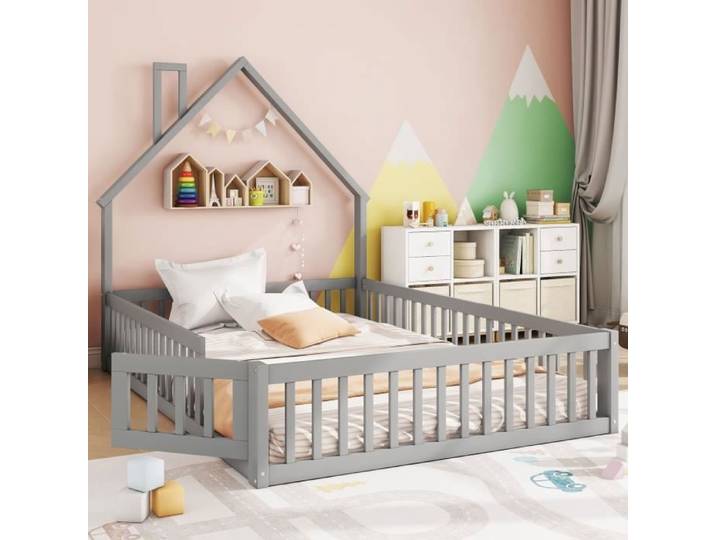 Lit cabane enfant - LEYTN - 140x200cm - Bois de pin - Tête de lit cheminée - Sécurité enfant