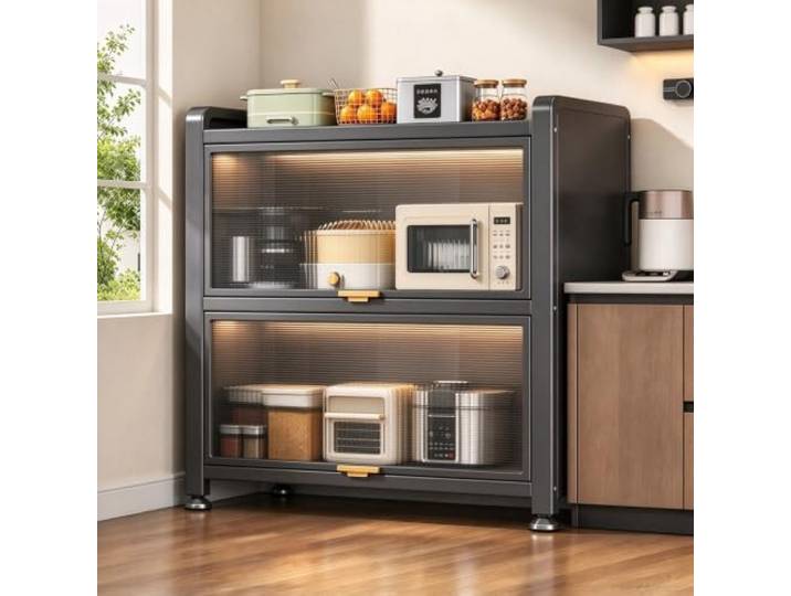 LJWFZBD Küchenschrank mit transparenten Türen, freistehendes Küchenregal Stabiler Metallrahmen, klappbare PC-Türen,platzsparend, Befestigung mit Schrauben(3 Tiers-27.6 W*12.6 D*31.5 H)