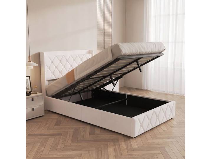 Lit 90x200 cm avec LED et USB - Lit coffre rembourré 90x200 cm - Rangement hydraulique - lit adulte 90x200 - Sommier - Velours blanc