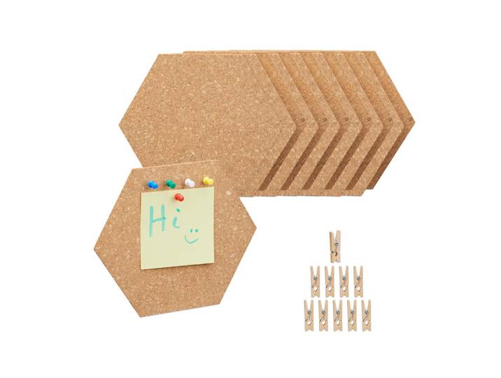 Relaxdays Pinnwand Natur 14er-Set Kork sechseckig 17,5x20 cm mit Pinnnadeln und Holzklammern, Braun, Naturmaterialien, 20x17.5x0.5 cm, Bilder & Rahmen, Bilder, Pinnwände & Memoboards