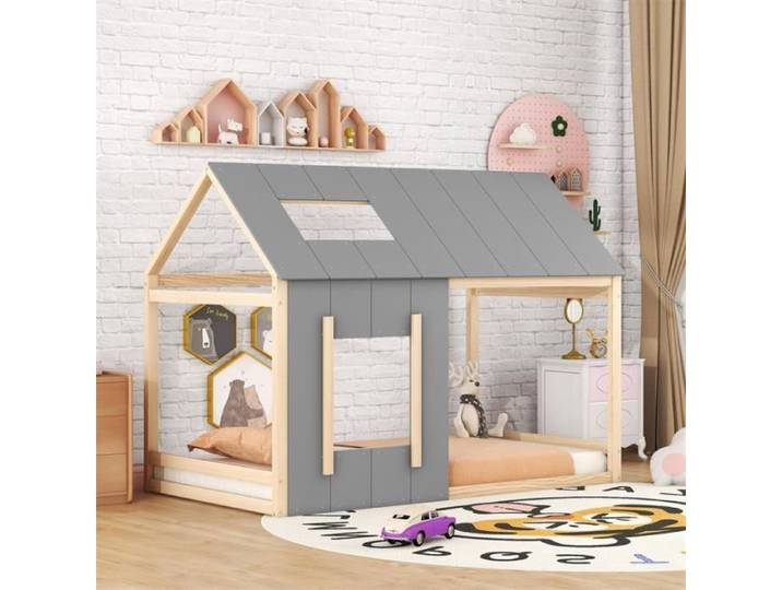 Lit cabane - Nature + Gris - 90x200cm - Bois massif - 1 place - Montage facile
