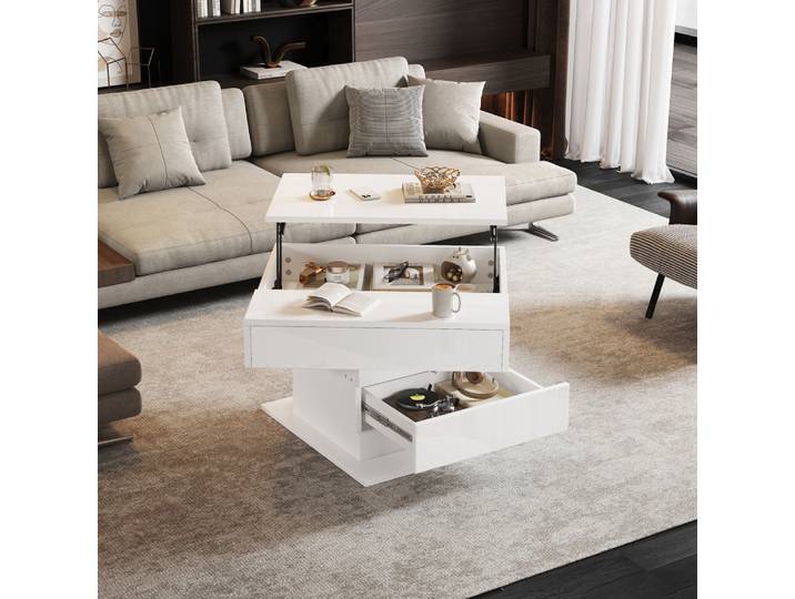 Table basse brillante 70*70*45cm, table supérieure 360 ° Table basse rotative librement relevable avec 1 tiroir et rangement caché