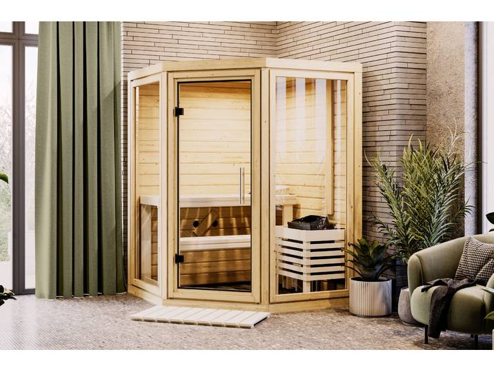 Sauna KARIBU Yumi naturbelassen , braun (naturbelassen), Bio-Kombiofen, externe Steuerung, 400 kW, Saunen, Sauna, aus hochwertiger nordischer Fichte