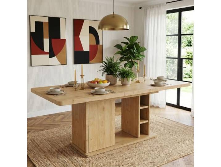 BXEYXE Ausziehbarer Esstisch 140/180 * 80 cm, geeignet für 6–8 Personen,Mit Stauraum, verdickte Tischplatte, Ausziehbarer Esstisch im skandinavischen Stil, Eichenfarbe