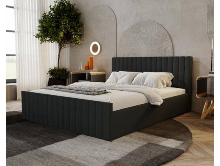 Emporius Polsterbett 160x200 Billo Slim Velvet - Lattenrost, Bettkasten, Modern Design - Schlafzimmerbett 160x200 (Schwarz - Amor Velvet 4322)